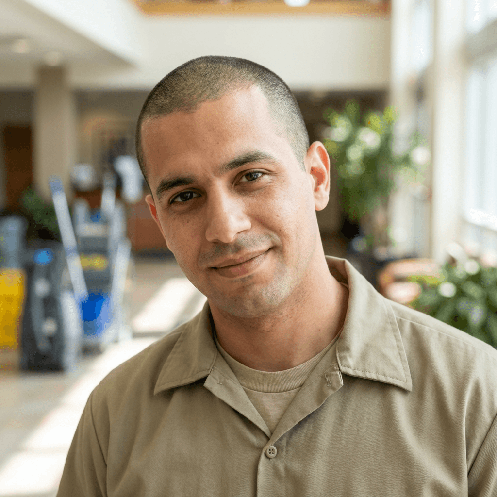 Marcus Webb, satisfied tenant outside apartment