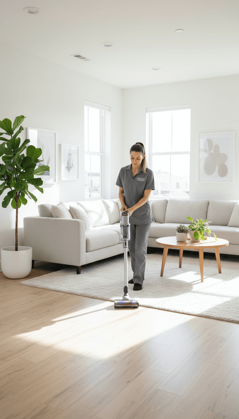 Cleaner vacuuming a living room in a bright home interior