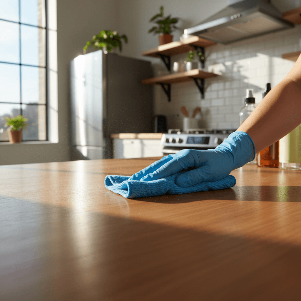 Professional cleaner wiping kitchen counter in bright modern home