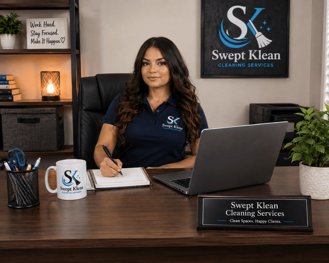 Professional woman at a desk with a laptop, notebook, and Swept Klean Cleaning Services branding.