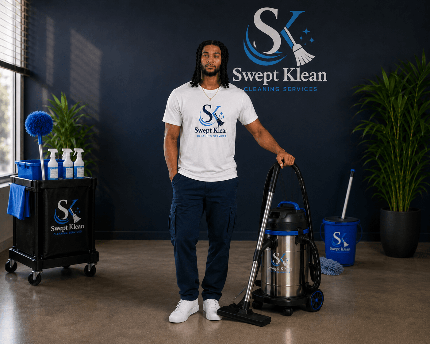 Professional cleaner in branded shirt posing with industrial vacuum and cleaning cart against blue wall.