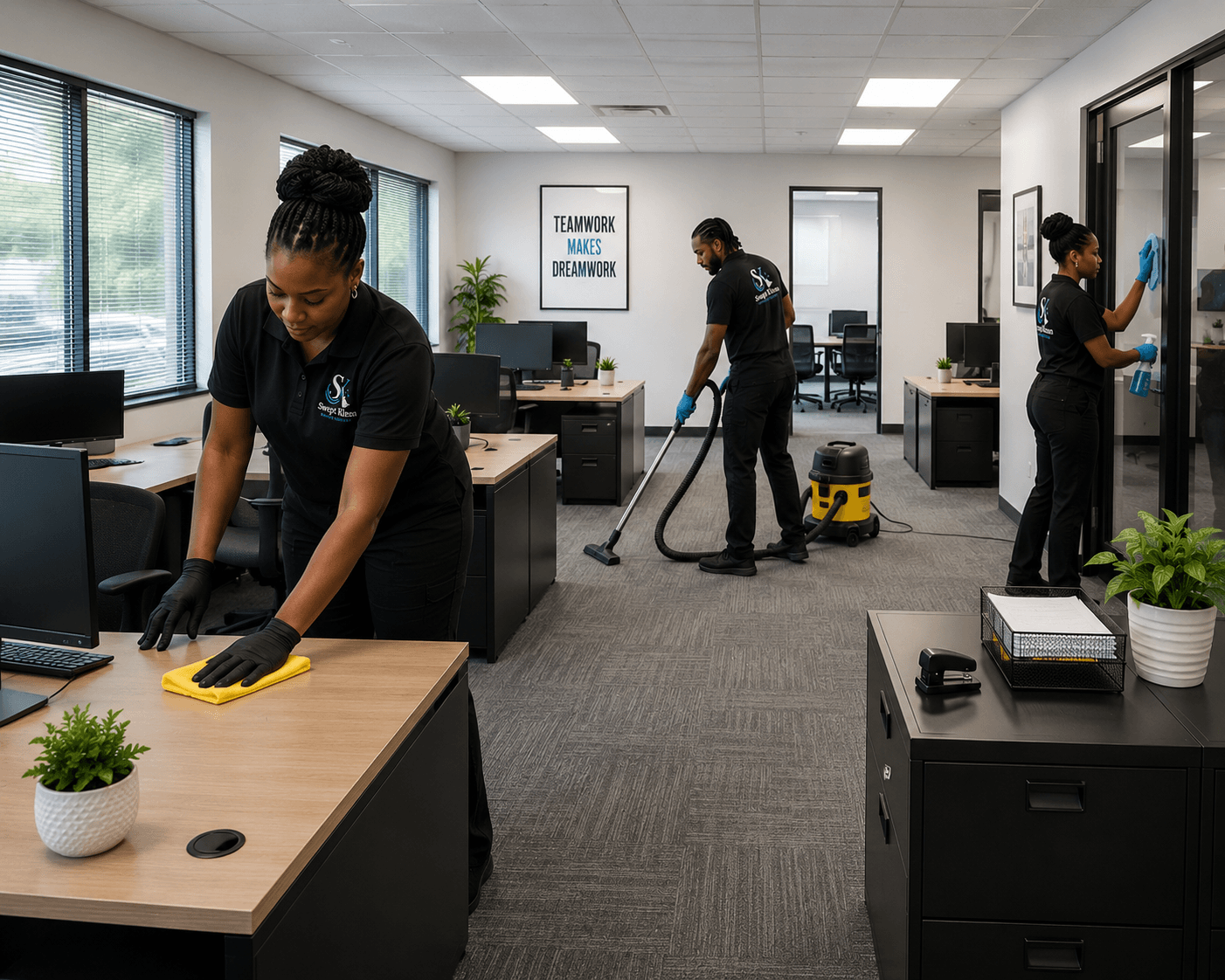 Professional cleaners in black uniforms dusting, vacuuming, and wiping glass in a modern office.