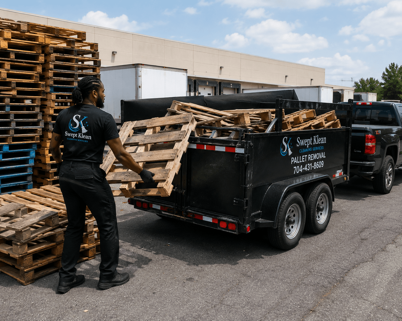 Worker loading wooden pallets into a Swept Klean trailer for professional pallet removal services.